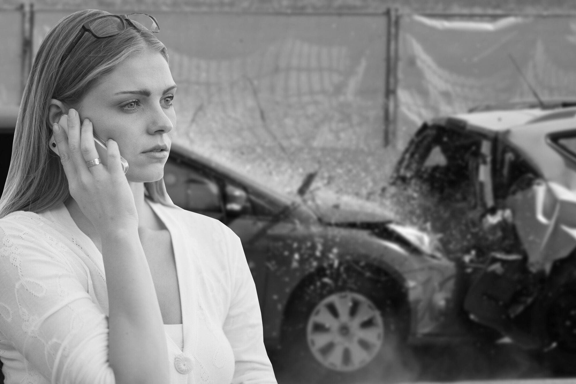 Woman on phone following a car crash.