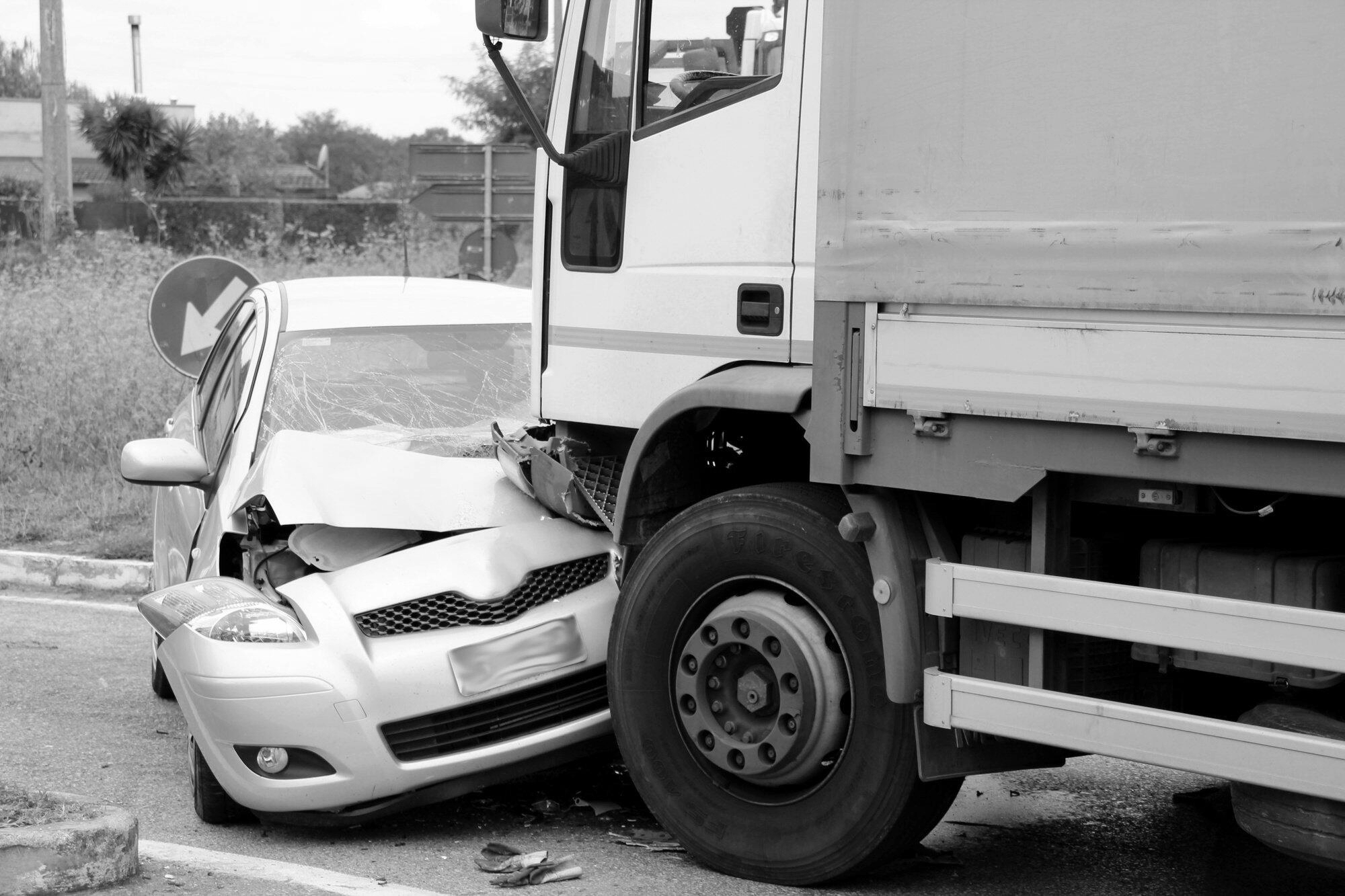 Scene of an accident between a sedan and a semi-truck.